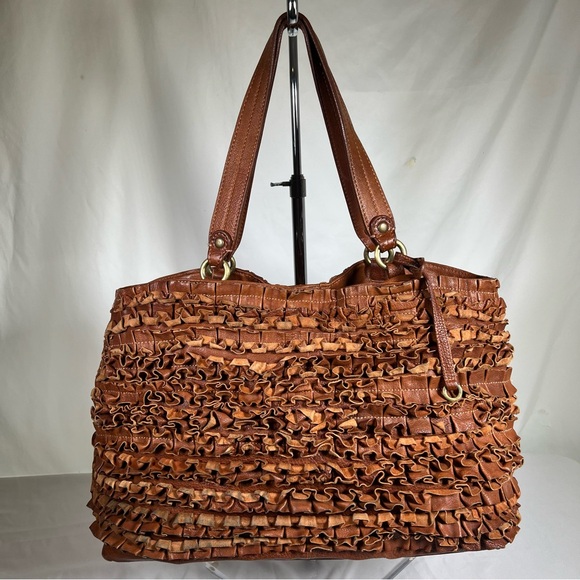 Vintage MOSCHINO Cheap and Chic Brown Leather Ruffle Shoulder Bag Purse Handbag - Picture 2 of 16